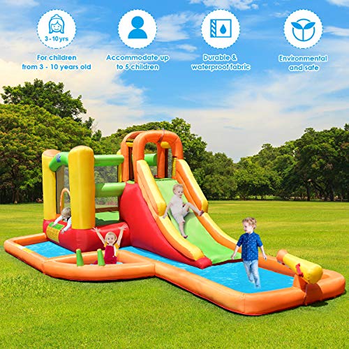 Costzon Inflatable Slide Bouncer, Bounce House with Climbing Wall, Jump Area, Basketball Hoop, Splash Pool