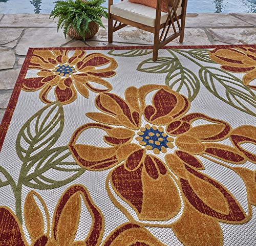 Gertmenian 21620 Indoor Outdoor Rugs Patio Area Carpet, 8x10 Large, Leaf Flower Orange Red