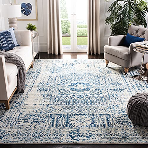 SAFAVIEH Evoke Collection EVK260C Oriental Medallion Distressed Non-Shedding Living Room Bedroom Dining Home Office Area Rug, 8' x 10', Ivory / Blue