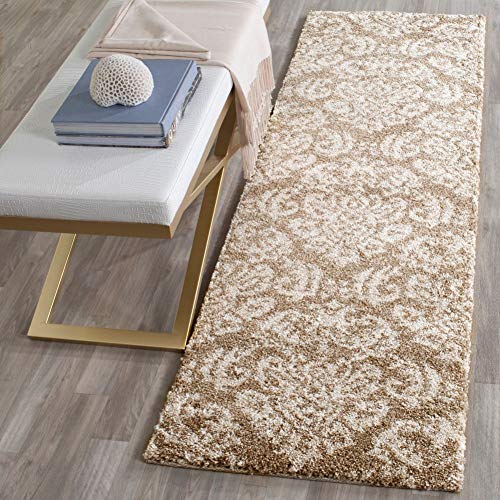 SAFAVIEH Florida Shag Collection SG460 Damask Non-Shedding Living Room Bedroom Dining Room Entryway Plush 1.2-inch Thick Runner, 2'3" x 15' , Beige / Cream