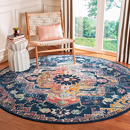 SAFAVIEH Crystal Collection CRS501H Boho Chic Oriental Medallion Distressed Non-Shedding Dining Room Entryway Foyer Living Room Bedroom Area Rug, 7' x 7' Round, Navy / Fuchsia