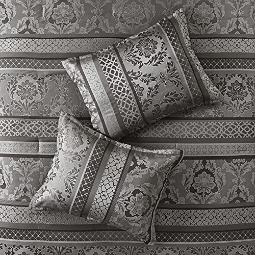 Madison Park Cozy Comforter Set-Luxurious Jaquard Traditional Damask Design All Season Down Alternative Bedding with Matching Shams, Decorative Pillow, California King (104 in x 92 in), Grey 7 Piece