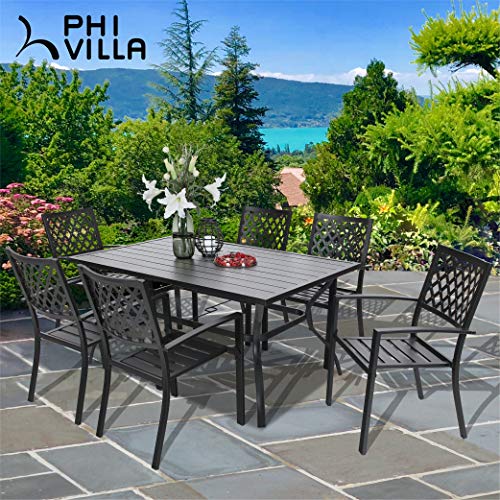 PHI VILLA Outdoor Patio Dining Set of 7 with Metal 60"x38" Rectangular Dining Table and Bistro Chairs - Black