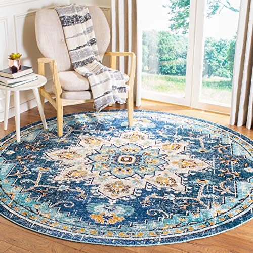 SAFAVIEH Madison Collection MAD473M Boho Chic Medallion Distressed Non-Shedding Dining Room Entryway Foyer Living Room Bedroom Area Rug, 12' x 12' Round, Blue / Light Blue