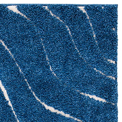 SAFAVIEH Florida Shag Collection SG472 Abstract Wave Non-Shedding Living Room Bedroom Dining Room Entryway Plush 1.2-inch Thick Area Rug, 5'3" x 7'6", Dark Blue / Cream