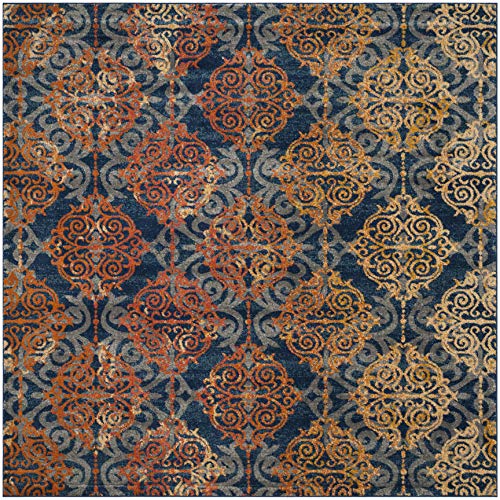 SAFAVIEH Evoke Collection EVK230S Medallion Damask Non-Shedding Living Room Bedroom Dining Home Office Area Rug, 6'7" x 6'7" Square, Blue / Orange