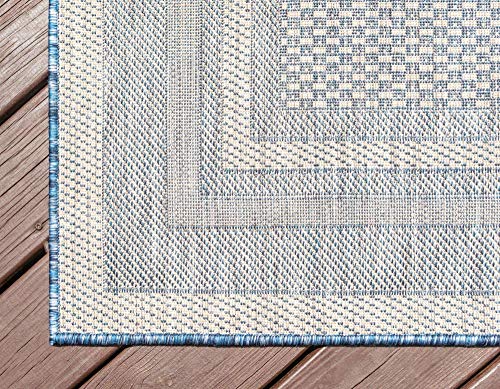 Unique Loom Outdoor Collection Transitional Indoor & Outdoor Casual Solid Tonal Border Area Rug, 7 x 10 ft, Blue/Beige