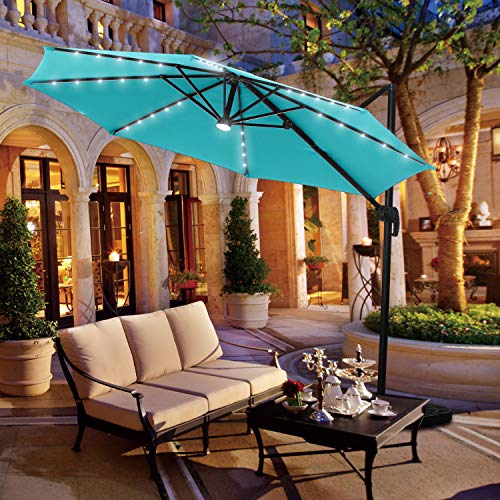10 FT Patio Umbrella Cantilever Umbrella with Solar LED Light 360° Rotation Hanging Umbrella with Tilt & Crank Outdoor Market Umbrella,8 Sturdy Ribs(Blue)
