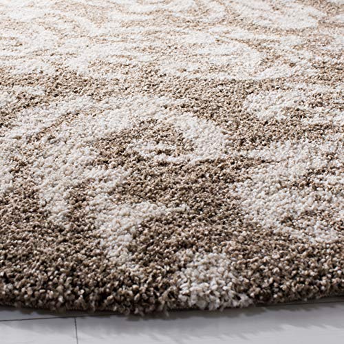 SAFAVIEH Florida Shag Collection SG460 Damask Non-Shedding Living Room Bedroom Dining Room Entryway Plush 1.2-inch Thick Area Rug, 6'7" x 6'7" Round, Beige / Cream