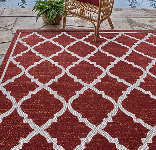 Gertmenian 21622 Indoor Outdoor Rug Textured Outside Patio Textural Carpet, 8x10 Large, Geometric Trellis Red