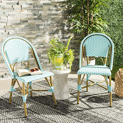 Safavieh FOX5210J-SET2 Collection Salcha Teal, White and Light Brown Indoor/Outdoor French Bistro Stacking Side Chair