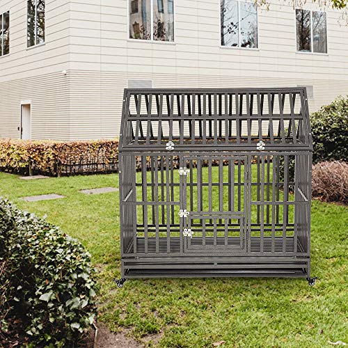 SMONTER 48" Heavy Duty Strong Metal Dog Cage House Shape Pet Kennel Crate Playpen with Wheels,I Shape …