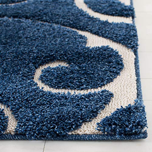 SAFAVIEH Florida Shag Collection SG455 Scrolling Vine Graceful Swirl Textured Non-Shedding Living Room Bedroom Dining Room Entryway Plush 1.2-inch Thick Runner, 2'3" x 15' , Dark Blue / Cream