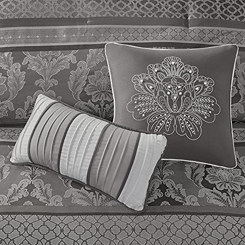 Madison Park Cozy Comforter Set-Luxurious Jaquard Traditional Damask Design All Season Down Alternative Bedding with Matching Shams, Decorative Pillow, California King (104 in x 92 in), Grey 7 Piece