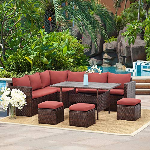 Wisteria Lane Patio Furniture Set,7 PCS Outdoor Conversation Set All Weather Wicker Sectional Sofa Couch Dining Table Chair with Ottoman, Wine Red