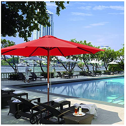 LEGENDARY-YES 9' Foot Red Polyester Umbrella 8-Rib Solid Sycamore Wood Pole Pulley for Outdoor Patio Furniture Overhead Cover Canopy UV Protection Sun Shade Café Shop