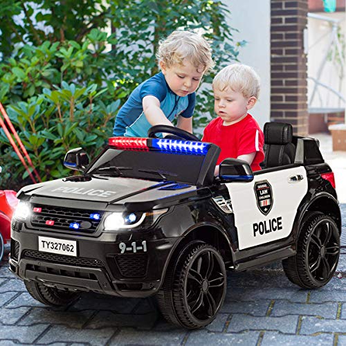 Costzon Kids Ride on Car Electric Police Truck Remote Control Siren, LED Headlights, Microphone Double Open Doors Black