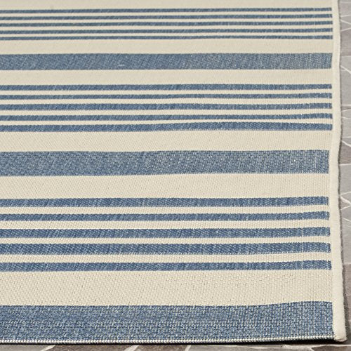 SAFAVIEH Courtyard Collection CY6062 Stripe Indoor/ Outdoor Non-Shedding Easy Cleaning Patio Backyard Porch Deck Mudroom Area Rug, 8' x 10', Beige / Blue