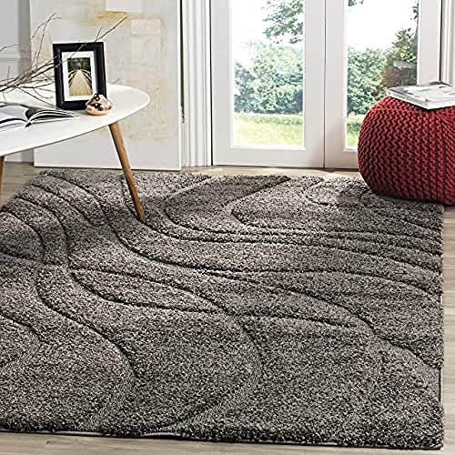 SAFAVIEH Florida Shag Collection SG471 Abstract Wave Non-Shedding Living Room Bedroom Dining Room Entryway Plush 1.2-inch Thick Area Rug, 5'3" x 7'6", Grey / Grey