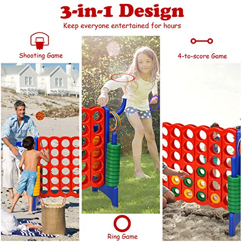 Costzon Giant 4-in-A-Row, Jumbo 4-to-Score Giant Game w/ Basketball Hoop, Ring Toss, Quick-Release Slider, 42 Jumbo Rings, Indoor Outdoor Family Connect Game for Kids & Adults, Backyard Games, Blue