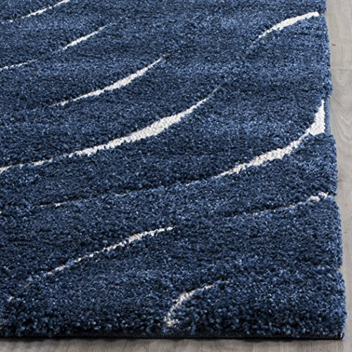 SAFAVIEH Florida Shag Collection SG472 Abstract Wave Non-Shedding Living Room Bedroom Dining Room Entryway Plush 1.2-inch Thick Area Rug, 5'3" x 7'6", Dark Blue / Cream