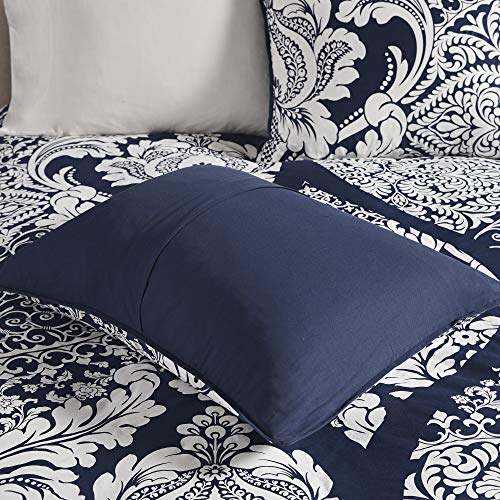 Madison Park Sateen Cotton Comforter Set-Traditional Luxe Design All Season Lightweight Bedding, Shams, Bedskirt, Decorative Pillows, California King (104 in x 92 in), Vienna, Damask Indigo 7 Piece