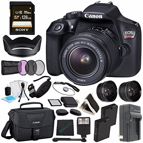 Canon EOS Rebel T6 DSLR Camera with 18-55mm Lens + Sony 128GB SDXC Card + Card Reader + Rechargable Li-Ion Battery + Charger + Microfiber Cleaning Cloth + Flash + Memory Card Wallet Bundle