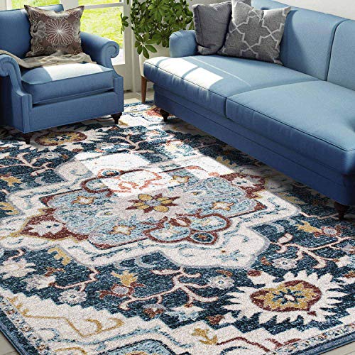 KSANA Soft Runner Rug, 8' x 10' Area Rug, Luxury Carpets for Living Room, Bedroom and Hallway (White Sand/Insignia Blue)