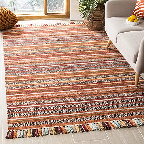 Safavieh Montauk Collection MTK901D Handmade Boho Stripe Fringe Cotton Area Rug, 8' x 10', Rust / Multi