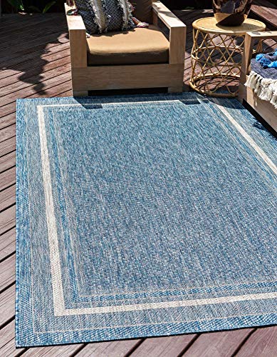 Unique Loom Outdoor Collection Transitional Indoor & Outdoor Casual Solid Tonal Border Area Rug, 7 x 10 ft, Blue/Beige