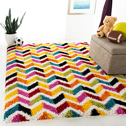 SAFAVIEH Kids Shag Collection SGK565A Rainbow Chevron Non-Shedding Living Room Bedroom Dining Room Entryway Plush 2-inch Thick Area Rug, 6'7" x 6'7" Square, Ivory / Multi