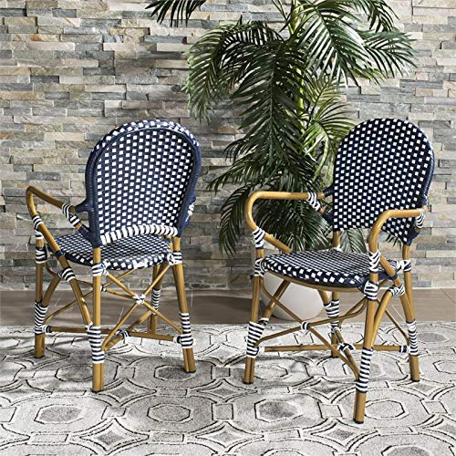 Safavieh Home Hooper Navy and White Indoor/Outdoor Rattan Stacking Arm Chair, Set of 2