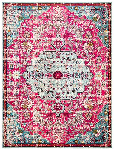 Safavieh Madison Collection MAD447R Boho Chic Vintage Medallion Distressed Area Rug, 9' x 12', Fuchsia/Teal