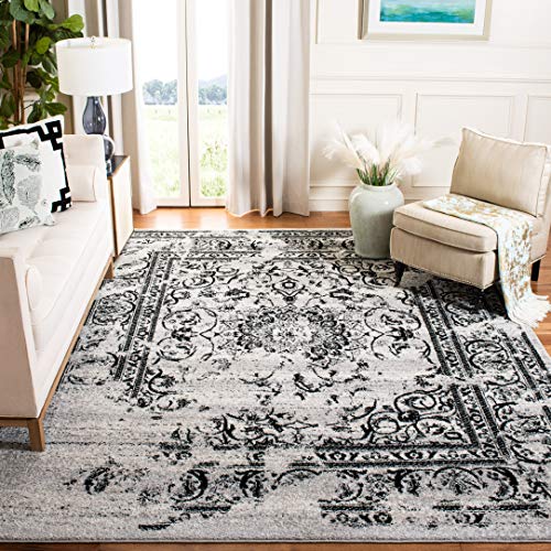 SAFAVIEH Adirondack Collection ADR101A Oriental Distressed Non-Shedding Living Room Bedroom Dining Home Office Area Rug, 8' x 8' Square, Silver / Black