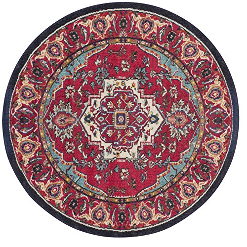 SAFAVIEH Monaco Collection MNC207C Boho Oriental Medallion Non-Shedding Dining Room Entryway Foyer Living Room Bedroom Area Rug, 6'7" x 6'7" Round, Red / Turquoise