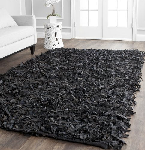 Safavieh Leather Shag Collection LSG511A Hand Woven Black Leather Square Area Rug (8' Square)