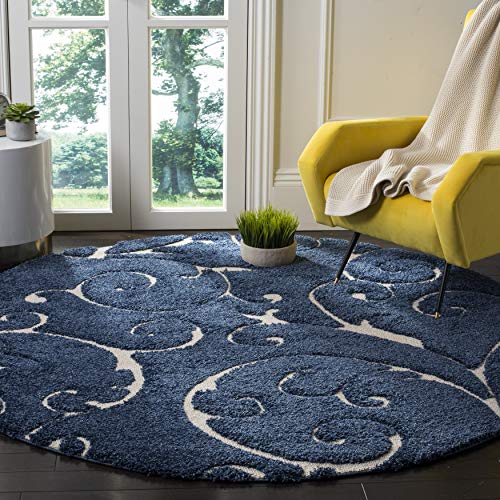 SAFAVIEH Florida Shag Collection SG455 Scrolling Vine Graceful Swirl Textured Non-Shedding Living Room Bedroom Dining Room Entryway Plush 1.2-inch Thick Area Rug, 6'7" x 6'7" Round, Dark Blue / Cream