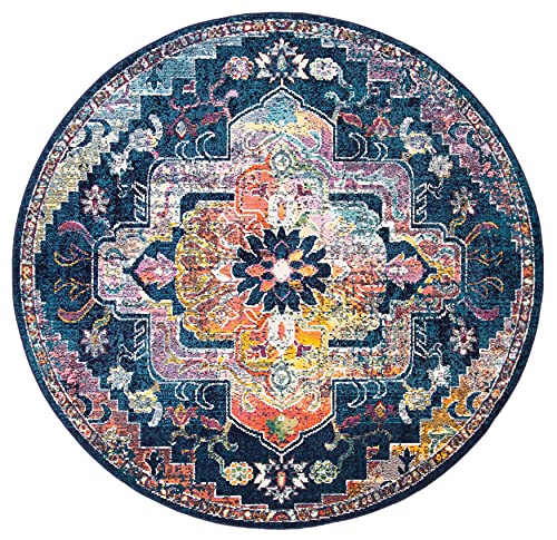 SAFAVIEH Crystal Collection CRS501H Boho Chic Oriental Medallion Distressed Non-Shedding Dining Room Entryway Foyer Living Room Bedroom Area Rug, 7' x 7' Round, Navy / Fuchsia