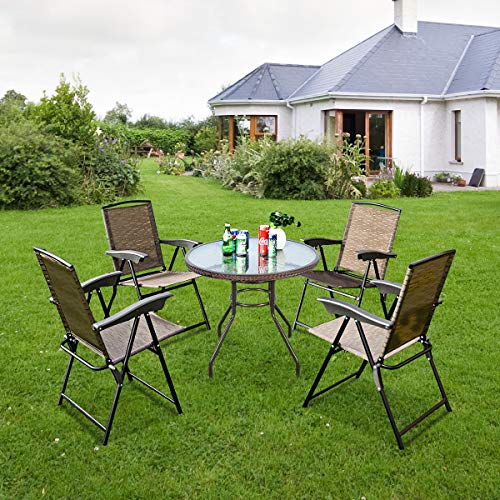 Goplus 5-Piece Bistro Set Outdoor Patio Furniture Weather Resistant Garden Round Table and 4 Folding Sling Chairs (4 Sling Chairs+Wicker Edge Table)