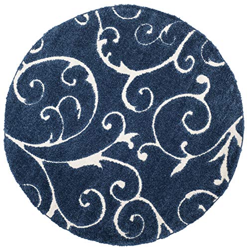 SAFAVIEH Florida Shag Collection SG455 Scrolling Vine Graceful Swirl Textured Non-Shedding Living Room Bedroom Dining Room Entryway Plush 1.2-inch Thick Area Rug, 6'7" x 6'7" Round, Dark Blue / Cream