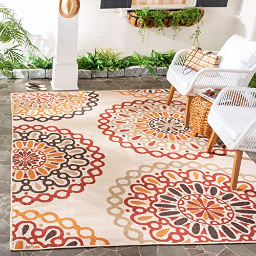 SAFAVIEH Veranda Collection VER092 Boho Floral Indoor/ Outdoor Non-Shedding Easy Cleaning Patio Backyard Porch Deck Mudroom Area Rug, 6'7" x 9'6", Cream / Red