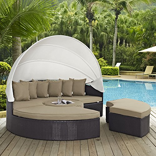 Modway Convene Wicker Rattan Outdoor Patio Retractable Canopy Round Poolside Sectional Sofa Daybed with Cushions in Espresso Mocha