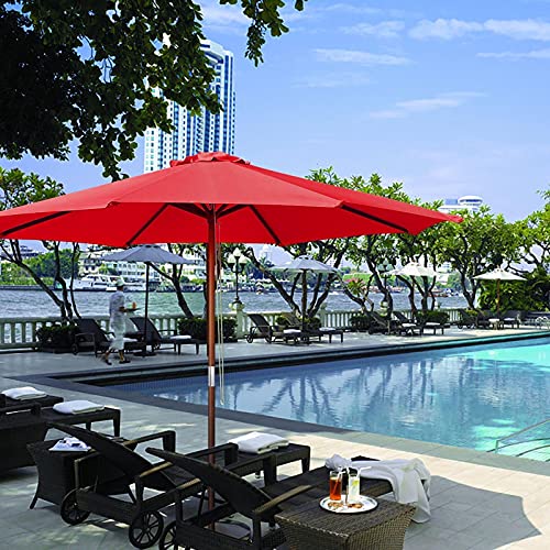 LEGENDARY-YES 9' Foot Red Polyester Umbrella 8-Rib Solid Sycamore Wood Pole Pulley for Outdoor Patio Furniture Overhead Cover Canopy UV Protection Sun Shade Café Shop