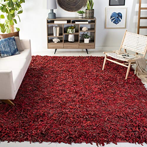 Safavieh Leather Shag Collection LSG511D Hand Woven Red Leather Square Area Rug (8' Square)