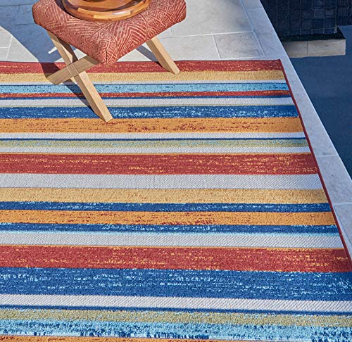 Gertmenian Indoor Outdoor Rug Outside Patio Textural Carpet, 8x10 Large, Stripes Rainbow Orange Red