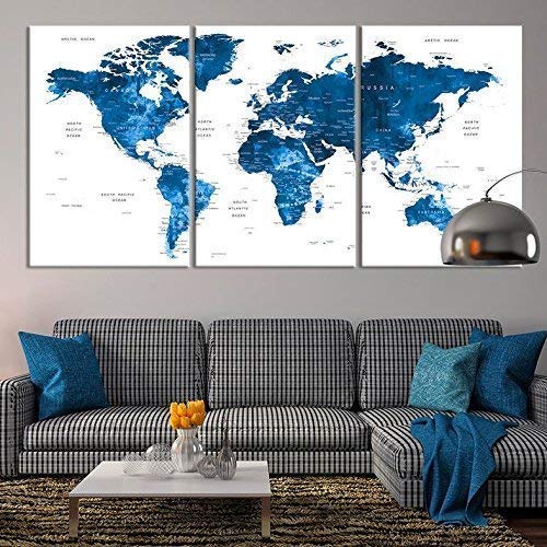 Large Wall Art Push Pin World Map Canvas Print - Extra Large Navy Blue World Map on White Background Wall Art Canvas Print
