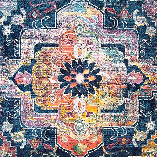 SAFAVIEH Crystal Collection CRS501H Boho Chic Oriental Medallion Distressed Non-Shedding Dining Room Entryway Foyer Living Room Bedroom Area Rug, 7' x 7' Round, Navy / Fuchsia