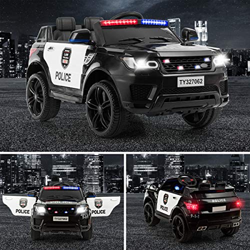 Costzon Kids Ride on Car Electric Police Truck Remote Control Siren, LED Headlights, Microphone Double Open Doors Black