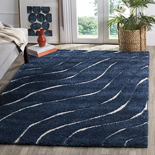 SAFAVIEH Florida Shag Collection SG472 Abstract Wave Non-Shedding Living Room Bedroom Dining Room Entryway Plush 1.2-inch Thick Area Rug, 5'3" x 7'6", Dark Blue / Cream