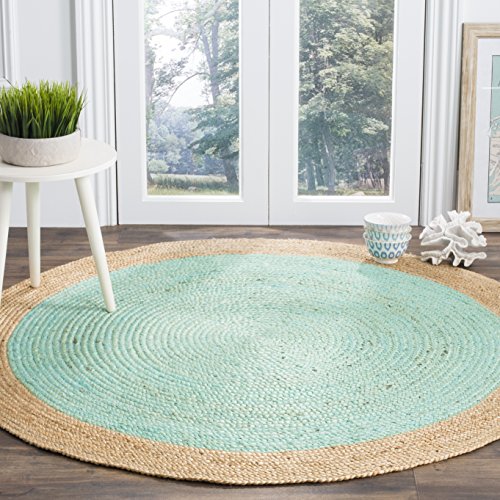 Safavieh Natural Fiber Round Collection NF801A Handmade Boho Braided Jute Area Rug, 6' x 6' Round, Aqua